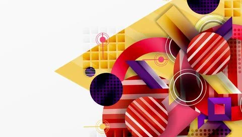 Abstract geometric composition. Circles, squares, stripes create dynamic visual Stock Illustration