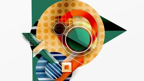 Abstract geometric composition. Circles, squares, triangles overlap. Warm, cool 스톡 일러스트