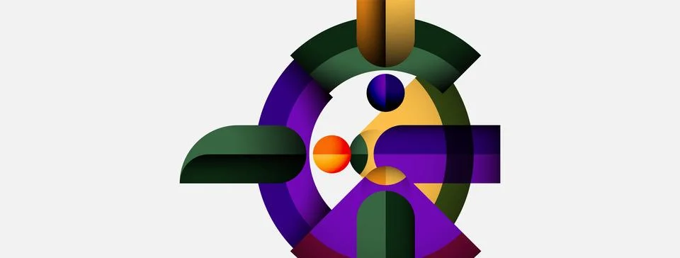 Abstract geometric composition. Circles, squares, rectangles blend. Purple, Stock Illustration