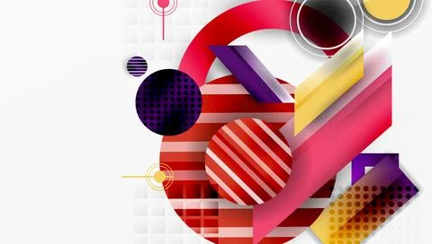 Abstract geometric composition. Circles, stripes, rectangles overlap. Vibrant Illustrazione stock