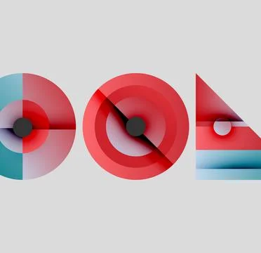 Abstract geometric composition. Circles, triangle, red, blue hues dominate. Stock Illustration