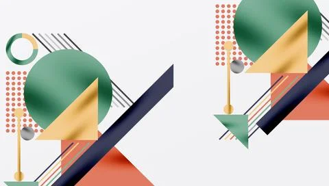 Abstract geometric composition. Circles, triangles, lines create modern design. Illustrazione stock