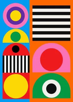 Abstract geometric composition with colorful circles and stripes Stock Illustration