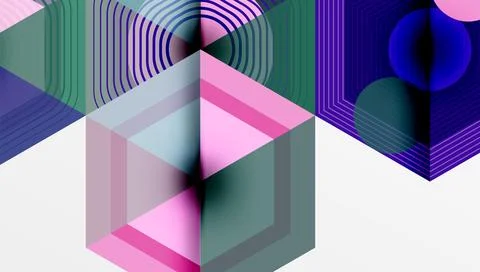 Abstract geometric composition. Cubes, lines, circles intersect creating complex Stock Illustration