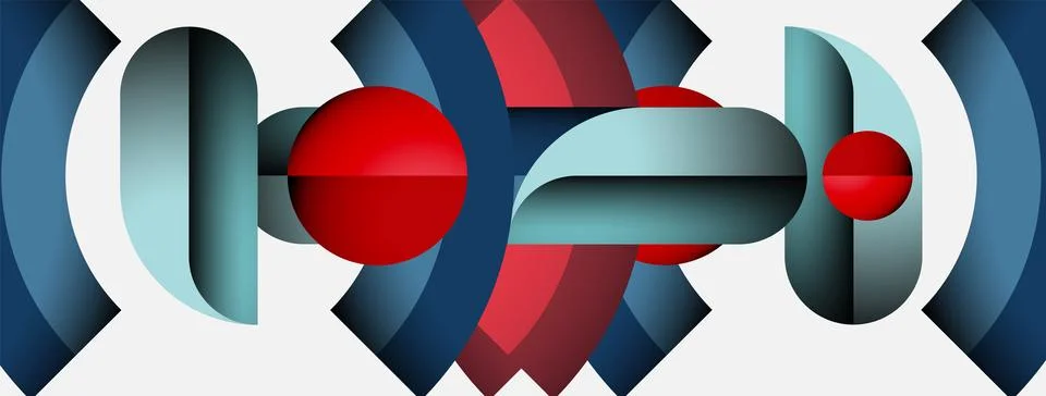 Abstract geometric composition. Cylinders, spheres, curves intersect creating Stock Illustration