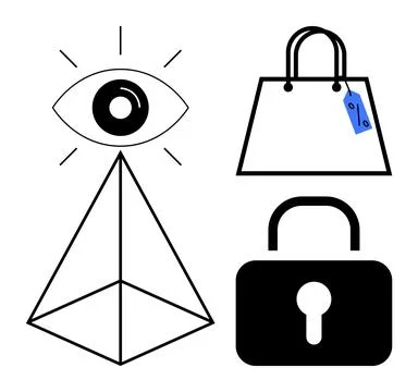 Abstract geometric composition with eye, pyramid, shopping bag, and padlock.. Stock Illustration
