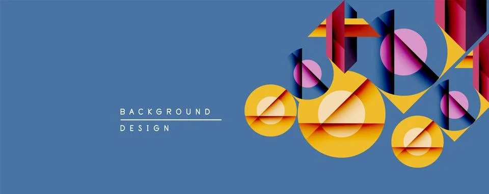 Abstract geometric composition features overlapping circles, rectangles, Stock Illustration