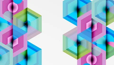 Abstract geometric composition featuring colorful stacked cubes. Lines create 库存插图