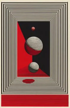 Abstract geometric composition featuring spheres and striped frame with red.. Stock Illustration
