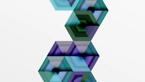 Abstract geometric composition featuring stacked hexagonal shapes. Shades range Stock Illustration