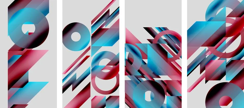 Abstract geometric composition. Four panels display layered shapes, vibrant reds Stockillustratie