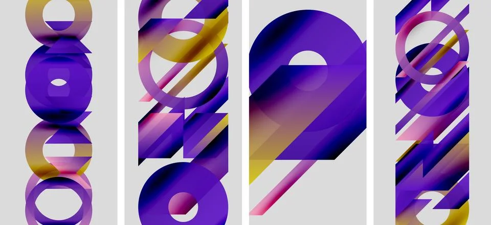 Abstract geometric composition. Four panels display colorful, layered shapes. 스톡 일러스트