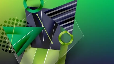 Abstract geometric composition. Green, blue hues dominate. Lines, circles, 스톡 일러스트
