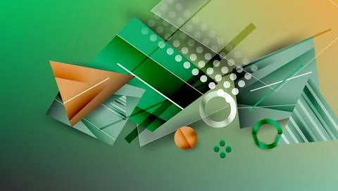 Abstract geometric composition. Green, orange hues dominate. Shapes overlap, Illustrazione stock