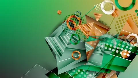 Abstract geometric composition. Green, orange hues dominate. Shapes overlap, Stock Illustration