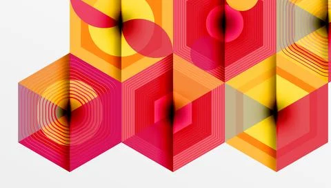 Abstract geometric composition. Hexagonal shapes overlap, creating vibrant Stock Illustration