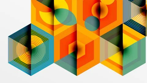 Abstract geometric composition. Hexagons, circles create dynamic visual pattern. イラスト素材