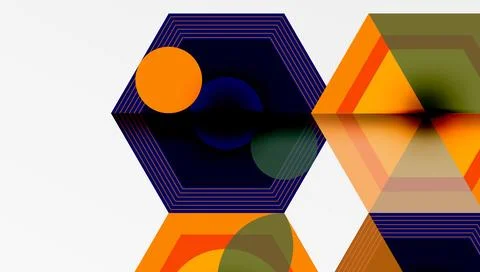 Abstract geometric composition. Hexagons, circles, triangles overlap creating Stock Illustration