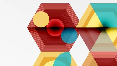 Abstract geometric composition. Hexagons, circles, triangles intersect. Warm, Stock Illustration