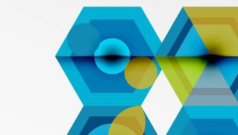 Abstract geometric composition. Hexagons, circles, triangles overlap creating Stock Illustration