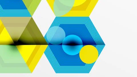 Abstract geometric composition. Hexagons, circles, triangles overlap creating Stock Illustration