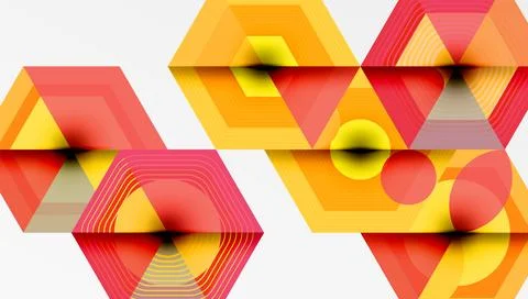 Abstract geometric composition. Hexagons, circles, triangles overlap creating Stock Illustration