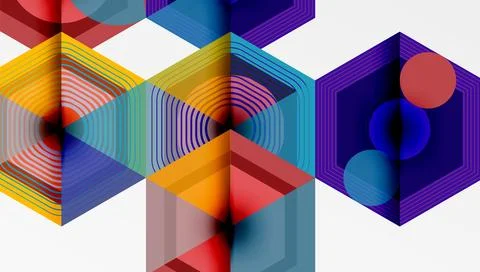 Abstract geometric composition. Hexagons, lines, circles create vibrant, layered Stock Illustration