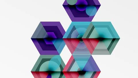 Abstract geometric composition. Hexagons overlap, creating colorful patterns. Stock Illustration