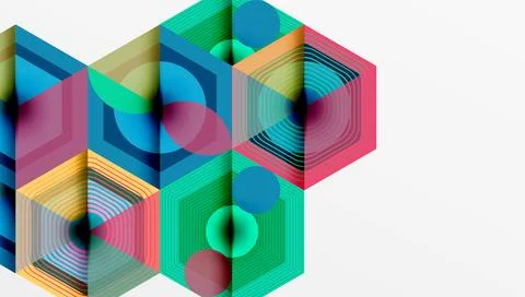 Abstract geometric composition. Hexagons overlap, creating vibrant patterns. Stock Illustration