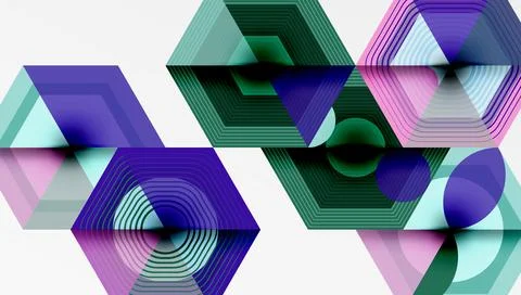 Abstract geometric composition. Hexagons, triangles overlap creating layered Stock Illustration