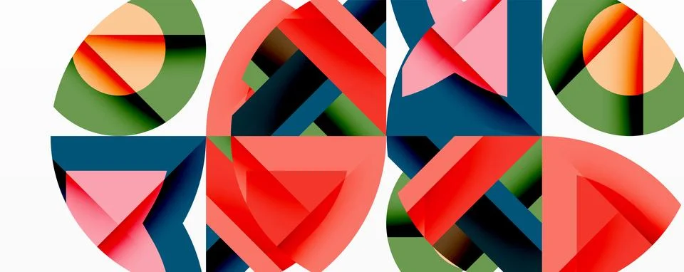 Abstract geometric composition with interlocking circular and angular shapes, Stock Illustration