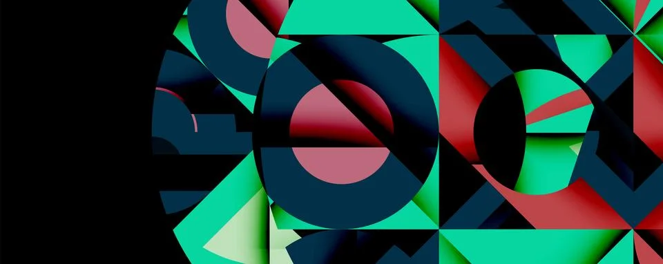 Abstract geometric composition with interlocking circular and angular shapes, Illustrazione stock