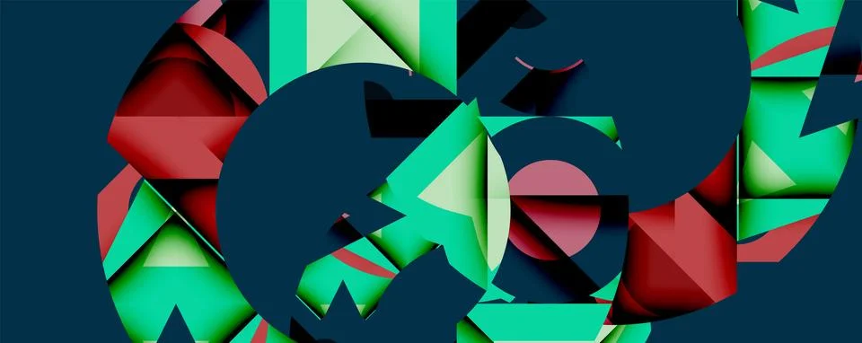 Abstract geometric composition with interlocking circular and angular shapes, Illustrazione stock