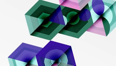 Abstract geometric composition. Layered shapes create depth, using purple, green Stock Illustration