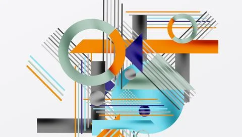 Abstract geometric composition. Lines, circles, rectangles intersect. Blue, Stock Illustration