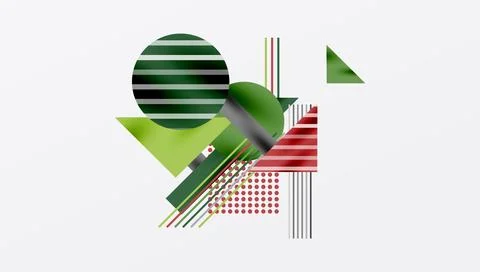 Abstract geometric composition. Lines, circles, triangles intersect. Green, red, 스톡 일러스트