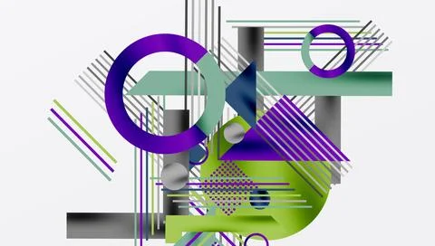 Abstract geometric composition. Lines, circles, rectangles intersect creating Stock Illustration