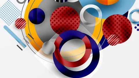 Abstract geometric composition. Overlapping circles, rectangles, lines create Stock Illustration