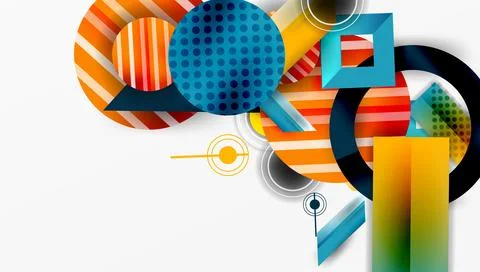 Abstract geometric composition. Overlapping circles, rectangles, lines create Illustrazione stock