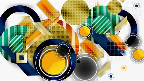 Abstract geometric composition. Overlapping circles, squares, rectangles create 스톡 일러스트