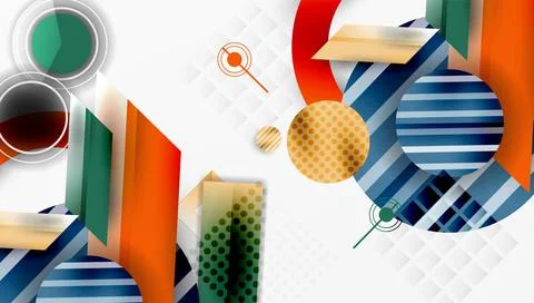 Abstract geometric composition. Overlapping circles, rectangles, lines create Stock Illustration