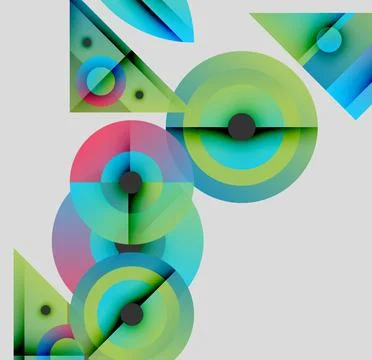 Abstract geometric composition. Overlapping circles, triangles create vibrant Illustrazione stock