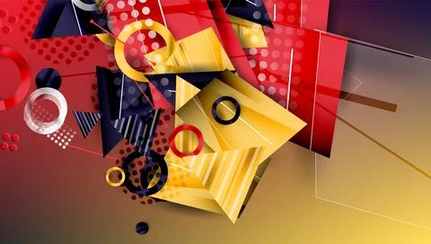 Abstract geometric composition. Overlapping shapes, circles, triangles, lines. Illustrazione stock