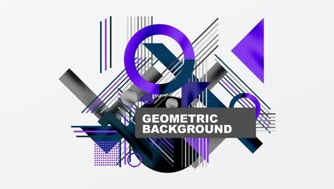 Abstract geometric composition. Purple, black lines, shapes overlap white space. Stock Illustration
