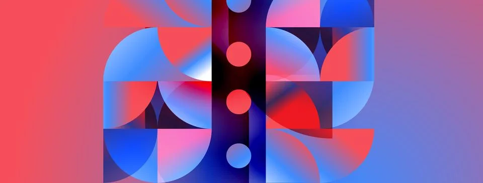 Abstract geometric composition. Red, blue hues dominate. Circles, curves crea Stock Illustration