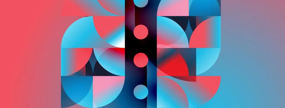 Abstract geometric composition. Red, blue hues dominate. Circles, arcs create 스톡 일러스트