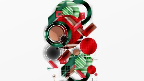 Abstract geometric composition. Red, green, brown circles, rectangles overlap. 스톡 일러스트