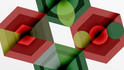 Abstract geometric composition. Red, green hues create illusionary cubes, Illustrazione stock
