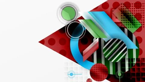 Abstract geometric composition. Red, green, blue elements overlap. Circles, Illustrazione stock