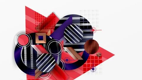 Abstract geometric composition. Red, navy, beige shapes overlap. Circles, 스톡 일러스트